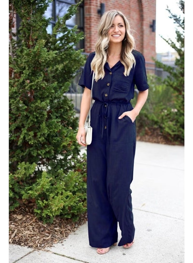 Barbora Linen Casual Jumpsuit LN20LACIVERT2 - Image 2
